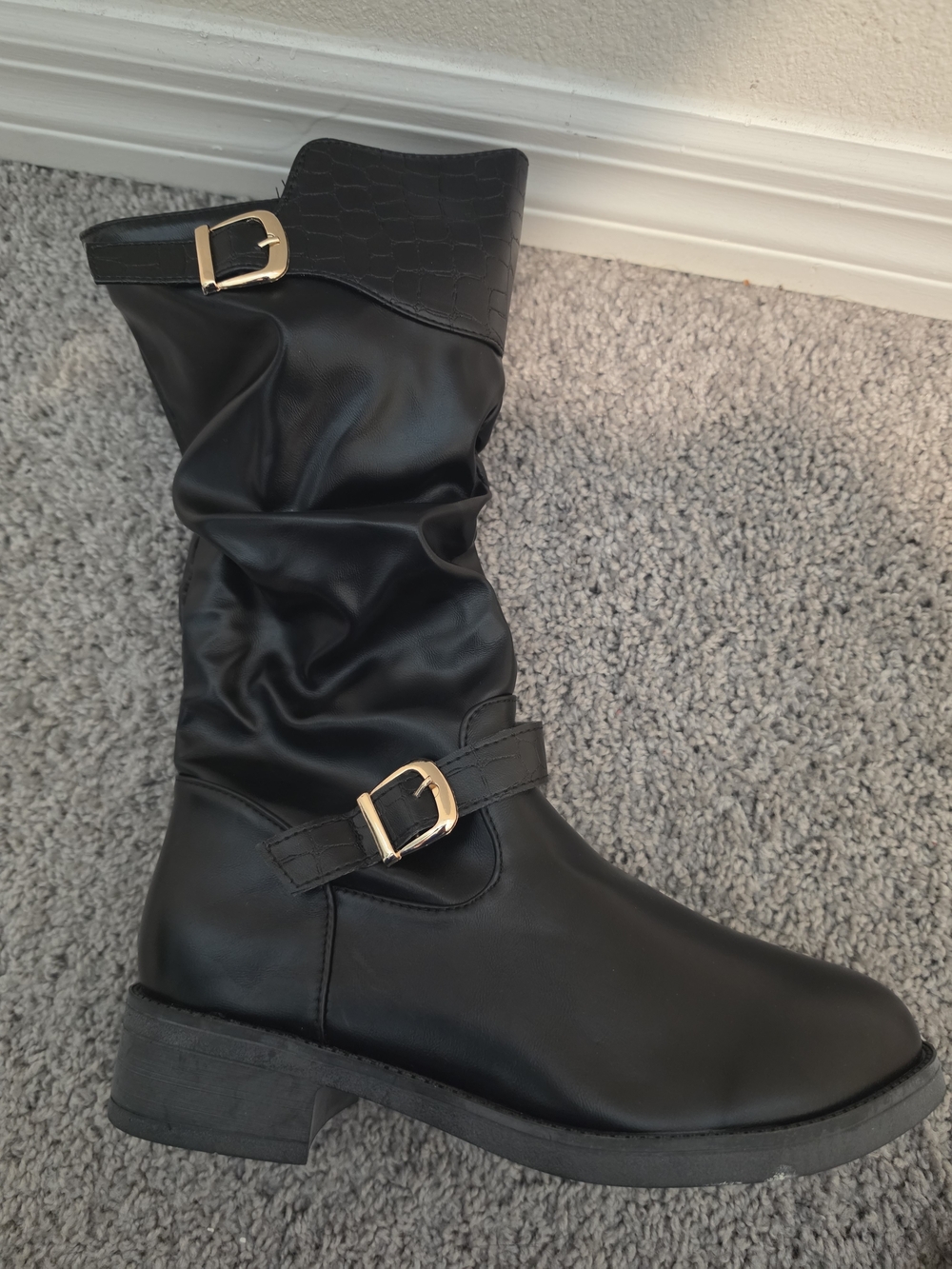 Black Women's Mid-Calf Buckle Boots - Classic Casual Style